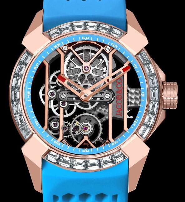 Jacob & Co. EPIC X ROSE GOLD BAGUETTE (BLUE NEORALITHE INNER RING) Watch Replica EX100.43.LD.AB.A Jacob and Co Watch Price